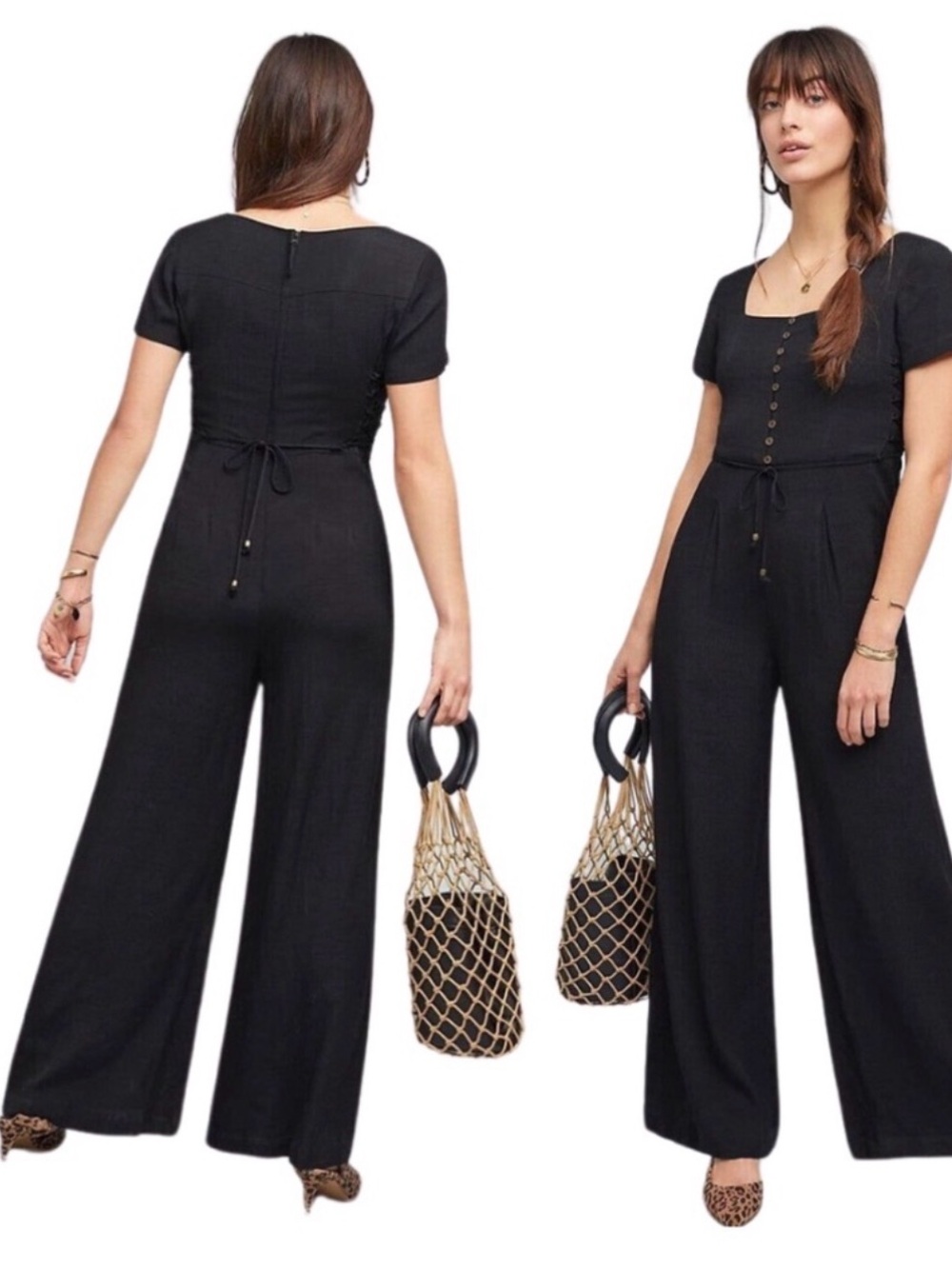 Anthropologie Maeve Black Women's Button-Front Maxi Style Romper